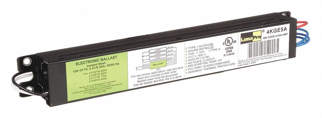 FLUORESCENT BALLAST, T8, 120 TO 277V AC, 3 BULBS SUPPORTED, 40 W BULB MAX