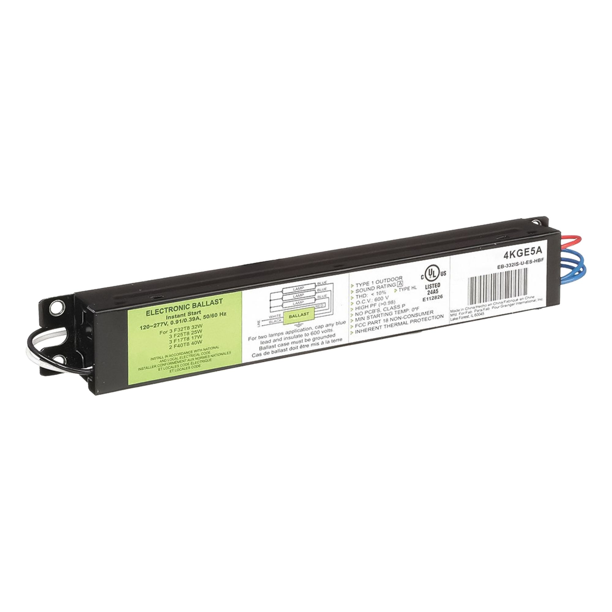 Fluorescent Ballast: 120 to 277V AC, 2/3 Lamps Supported, 9 1/2 in Overall Lg