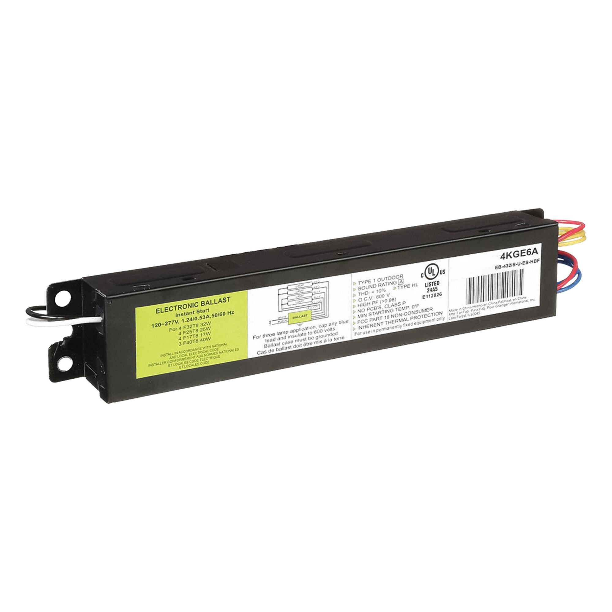 Fluorescent Ballast: 120 to 277V AC, 3/4 Lamps Supported, 9 1/2 in Overall Lg