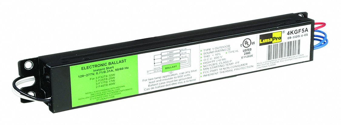 FLUORESCENT BALLAST, T8, 120 TO 277V AC, 3 BULBS SUPPORTED, 40 W BULB MAX, 0.71