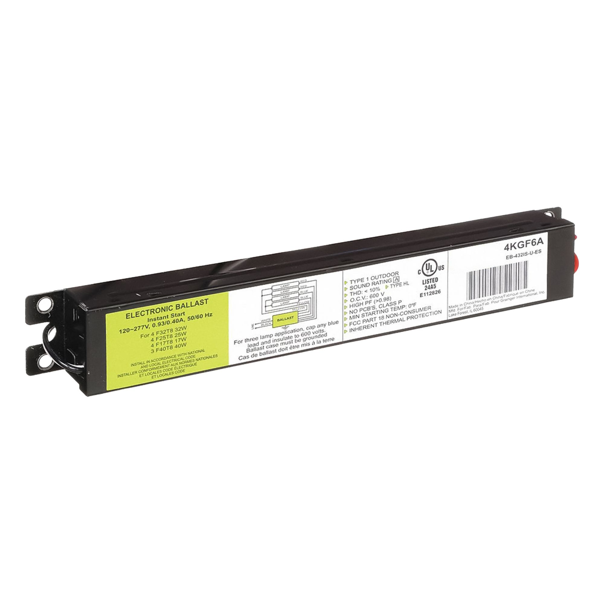 Fluorescent Ballast: 120 to 277V AC, 3/4 Lamps Supported, 9 1/2 in Overall Lg