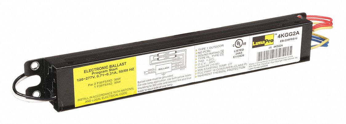 FLUORESCENT BALLAST, T5, 120 TO 277V AC, 2 BULBS SUPPORTED, 39 W BULB MAX, 0.73