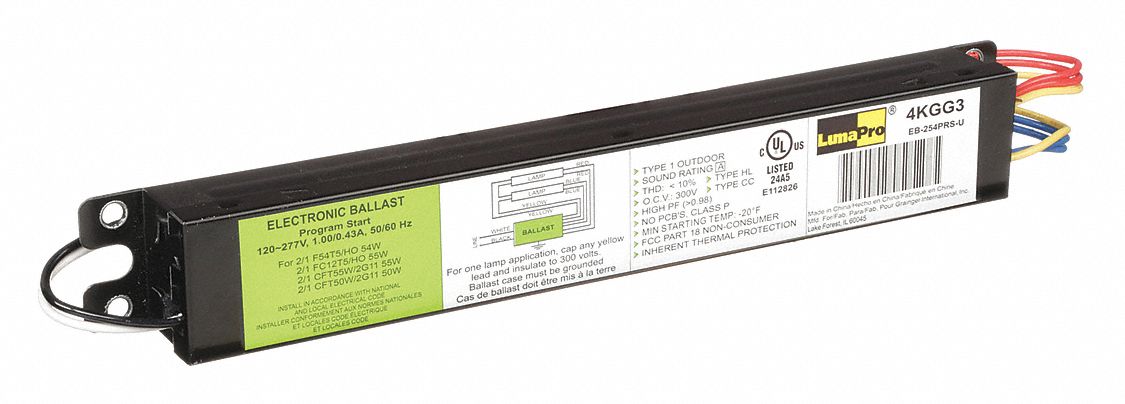 FLUORESCENT BALLAST, T5, 120 TO 277V AC, 2 BULBS SUPPORTED, 55 W BULB MAX