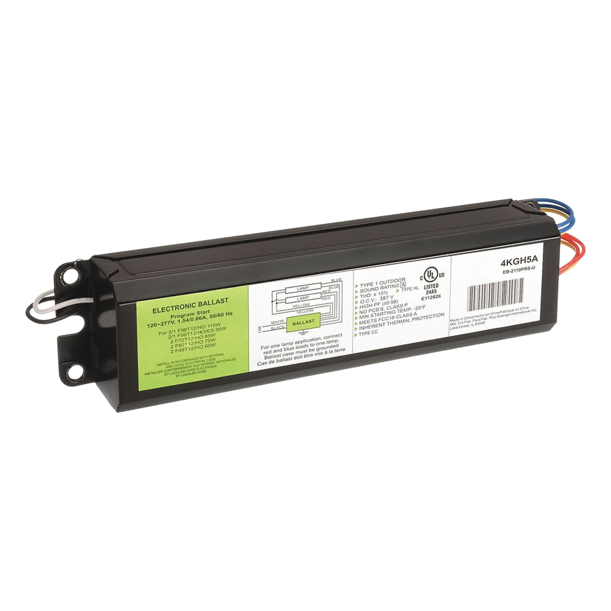 Fluorescent Ballast: 120 to 277V AC, 1/2 Lamps Supported, 60 W_75 W_85 W Bulb Watt