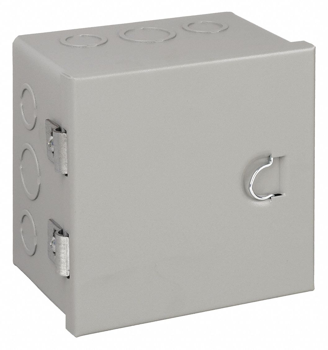 Enclosure: Steel, 6 in x 6 in x 4 in, NEMA 1, Solid Cover, Hinged, Included, Painted
