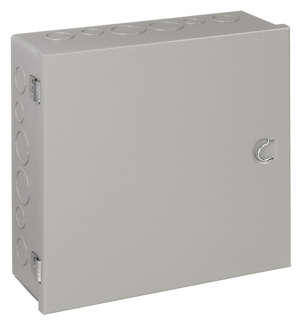 Enclosure: Steel, 12 in x 12 in x 4 in, NEMA 1, Solid Cover, Hinged, Included, Painted
