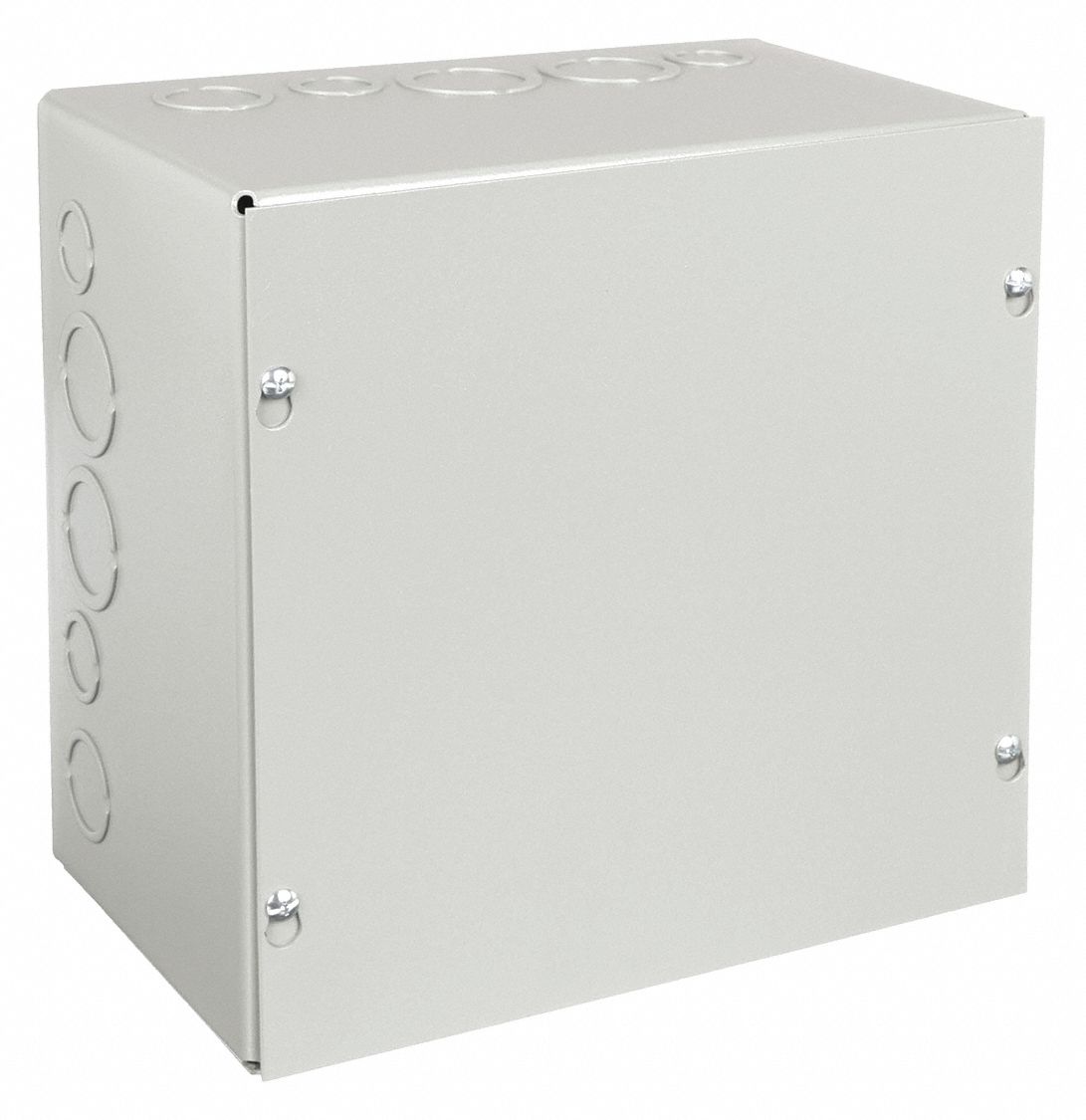 Enclosure: Steel, 10 in x 10 in x 4 in, NEMA 1, Solid Cover, Screw On, Included, Painted