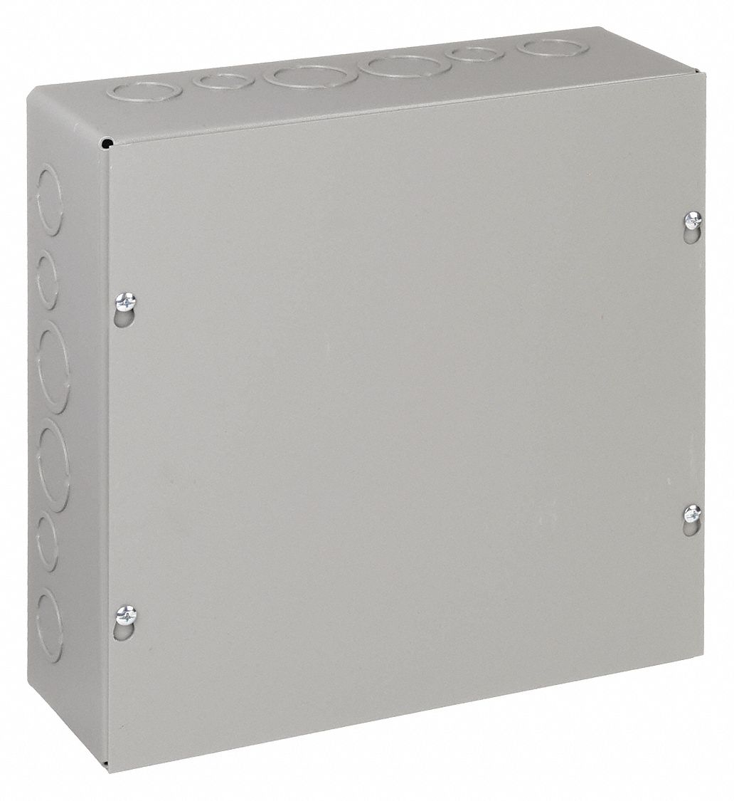 Enclosure: Steel, 12 in x 12 in x 4 in, NEMA 1, Solid Cover, Screw On, Included, Painted