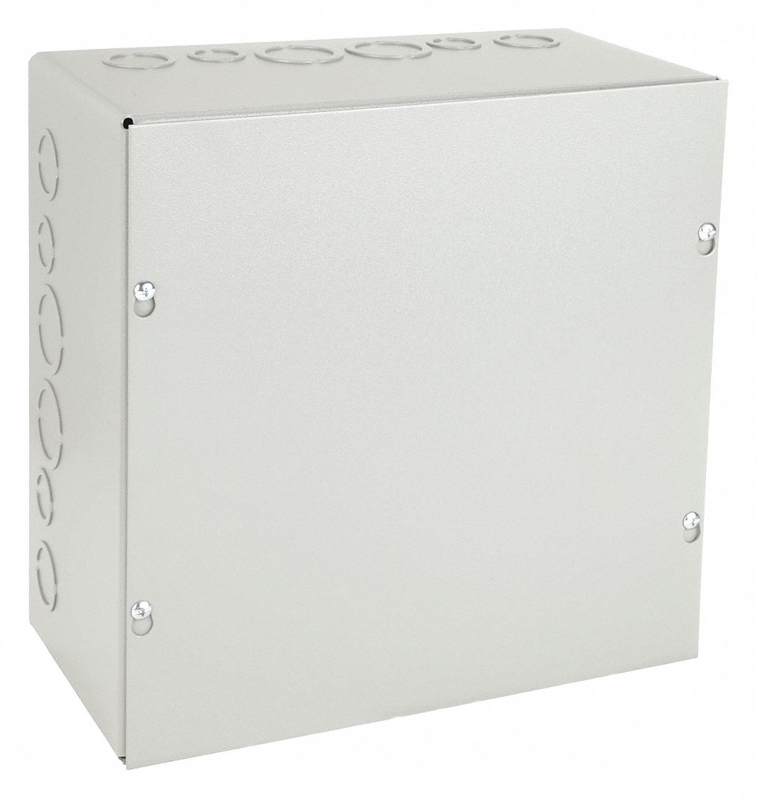 Enclosure: Steel, 12 in x 12 in x 6 in, NEMA 1, Solid Cover, Screw On, Included, Painted