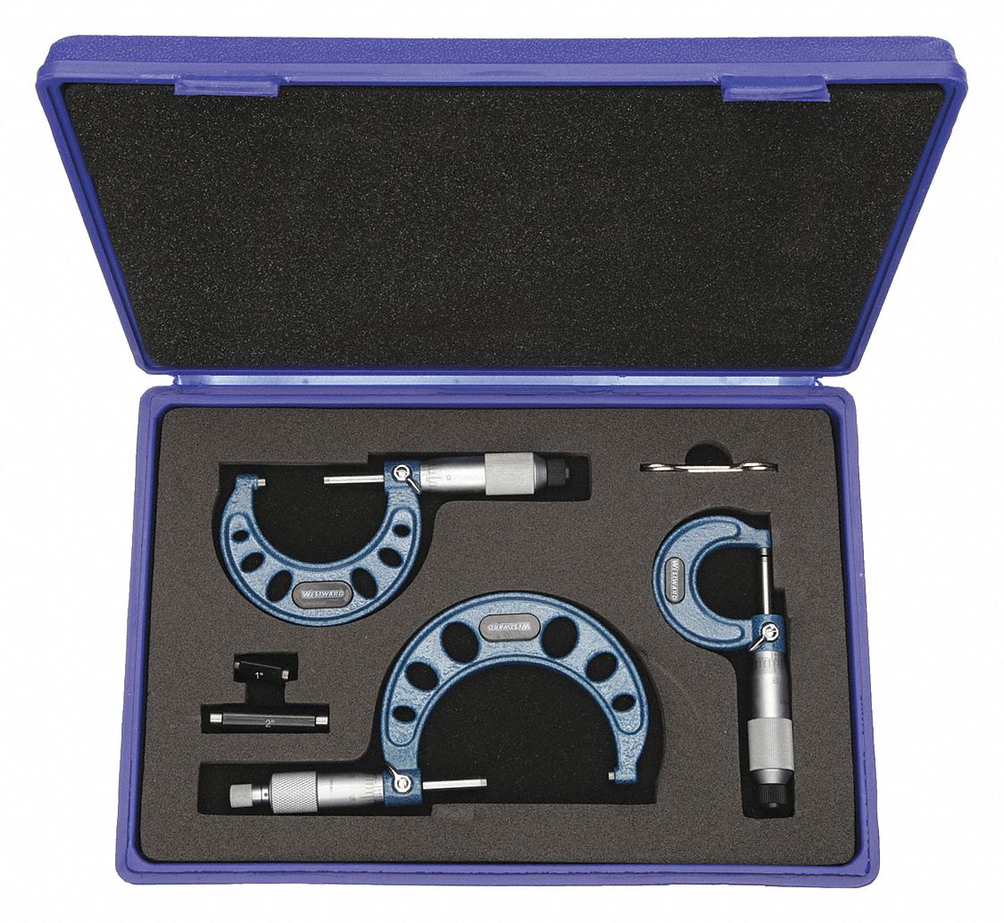 MECHANICAL OUTSIDE MICROMETER SET, 0 TO 3 IN RANGE, +/-002 IN ACCURACY, 3 MICROMETERS