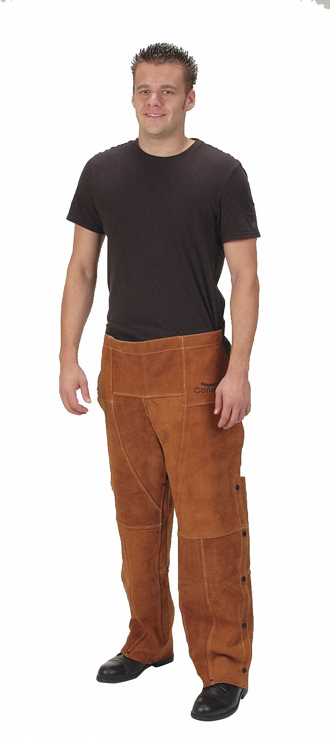 WELDING CHAPS, 31 IN INSEAM, 34 WAIST, 40 LENGTH, COWHIDE LEATHER, BROWN