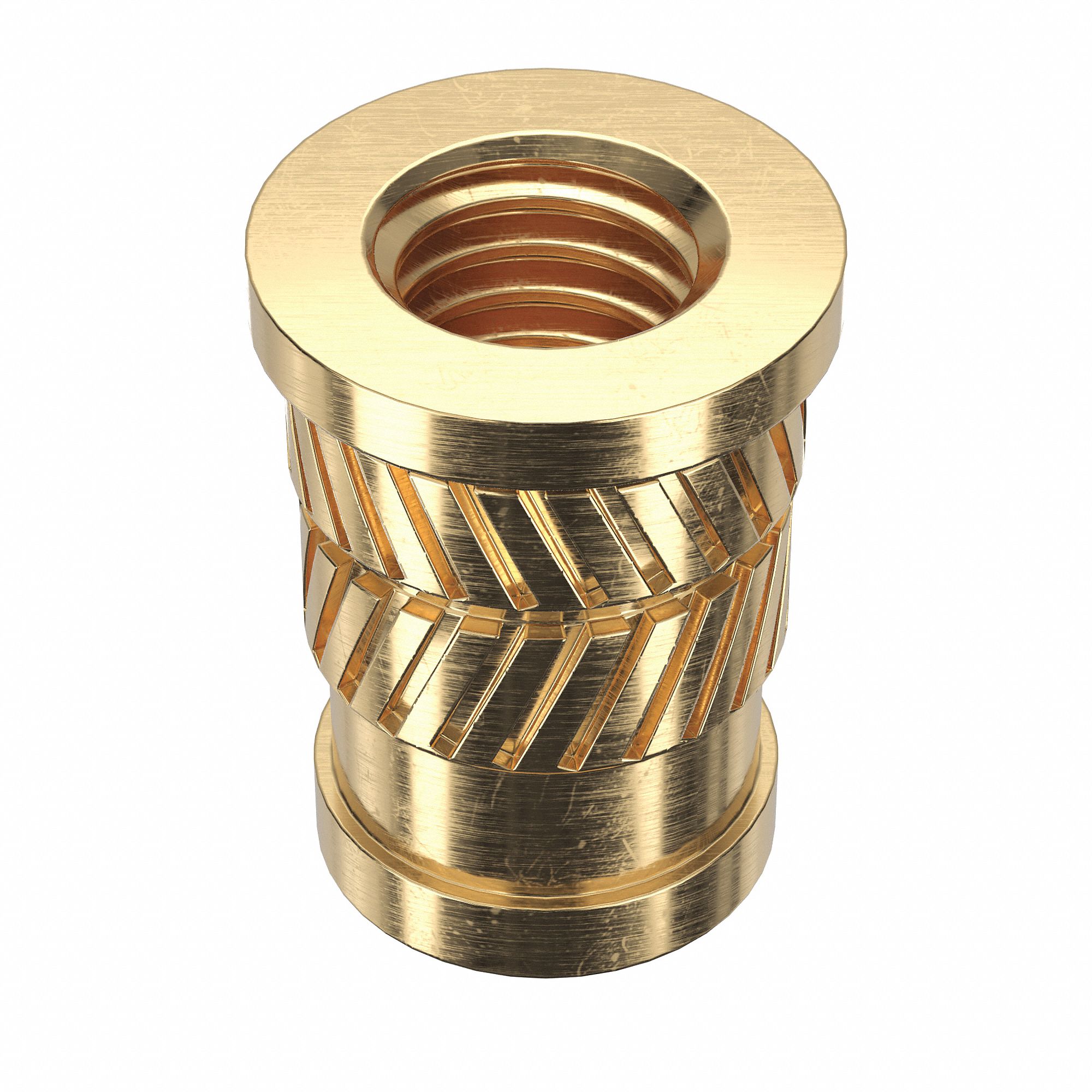 Heat-Set Insert: #10-32 Thread Size, 27/64 in Overall Lg, 9/32 in Dia, Brass, 500 PK