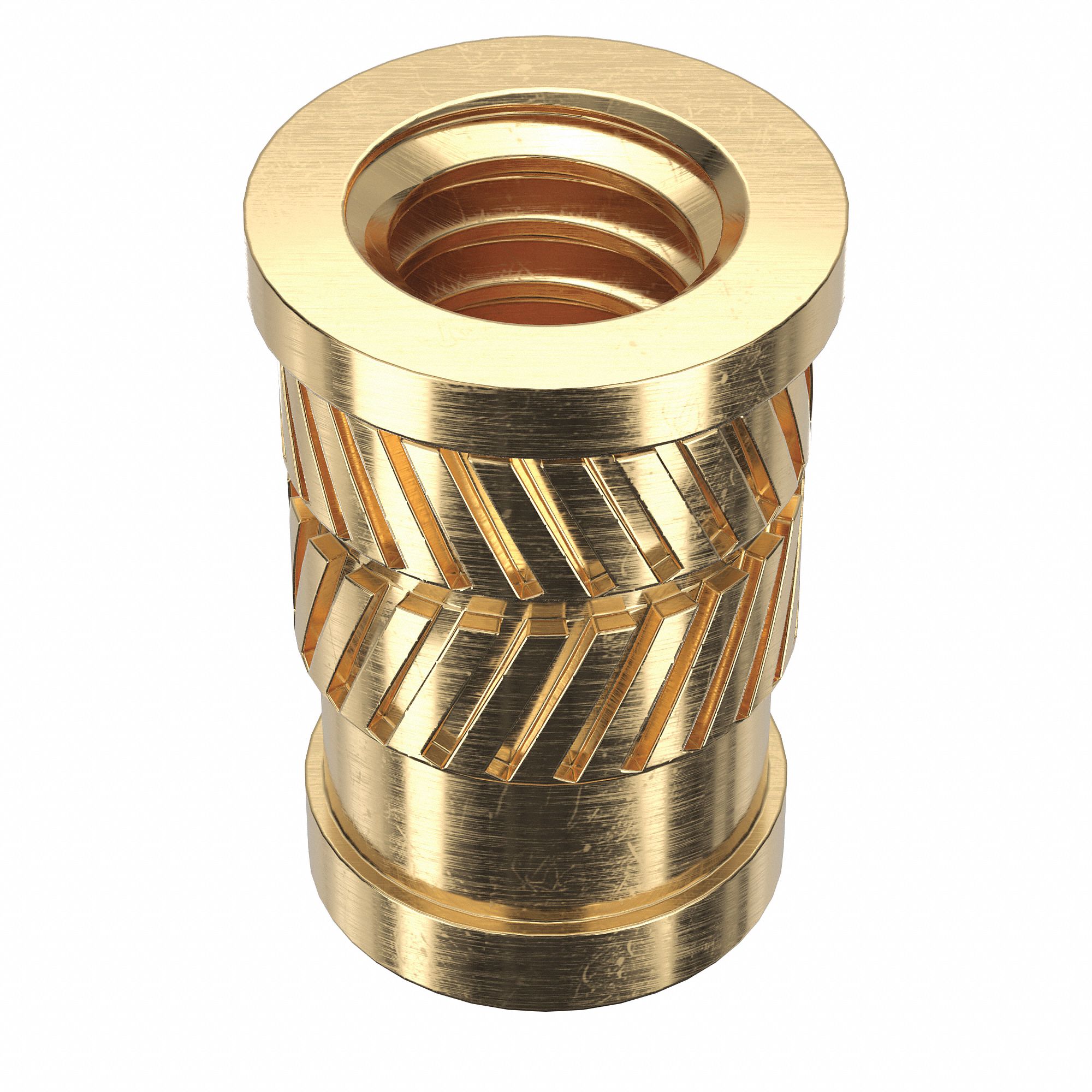 Heat-Set Insert: 1/4"-20 Thread Size, 35/64 in Overall Lg, 11/32 in Dia, Brass, Plastic, 500 PK
