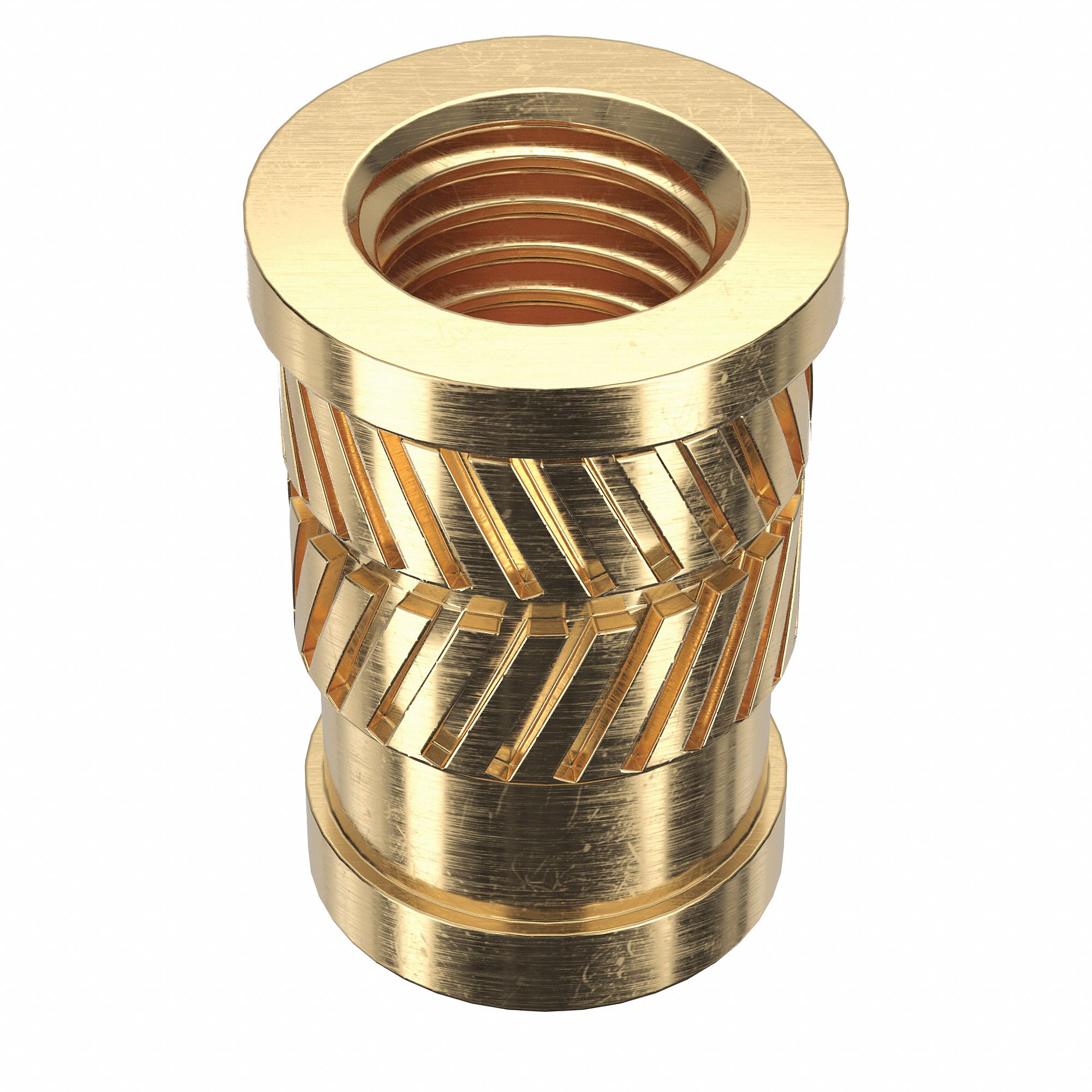 Heat-Set Insert: 1/4"-28 Thread Size, 35/64 in Overall Lg, 11/32 in Dia, Brass, Plastic, 500 PK