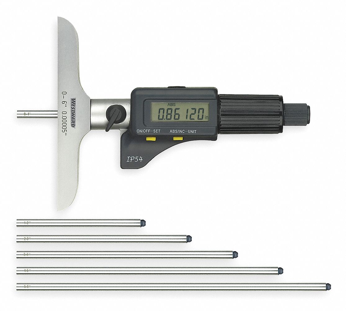 WESTWARD Digital Depth Micrometer 0 to 150 mm/0 to 6 in Range, IP54, 0