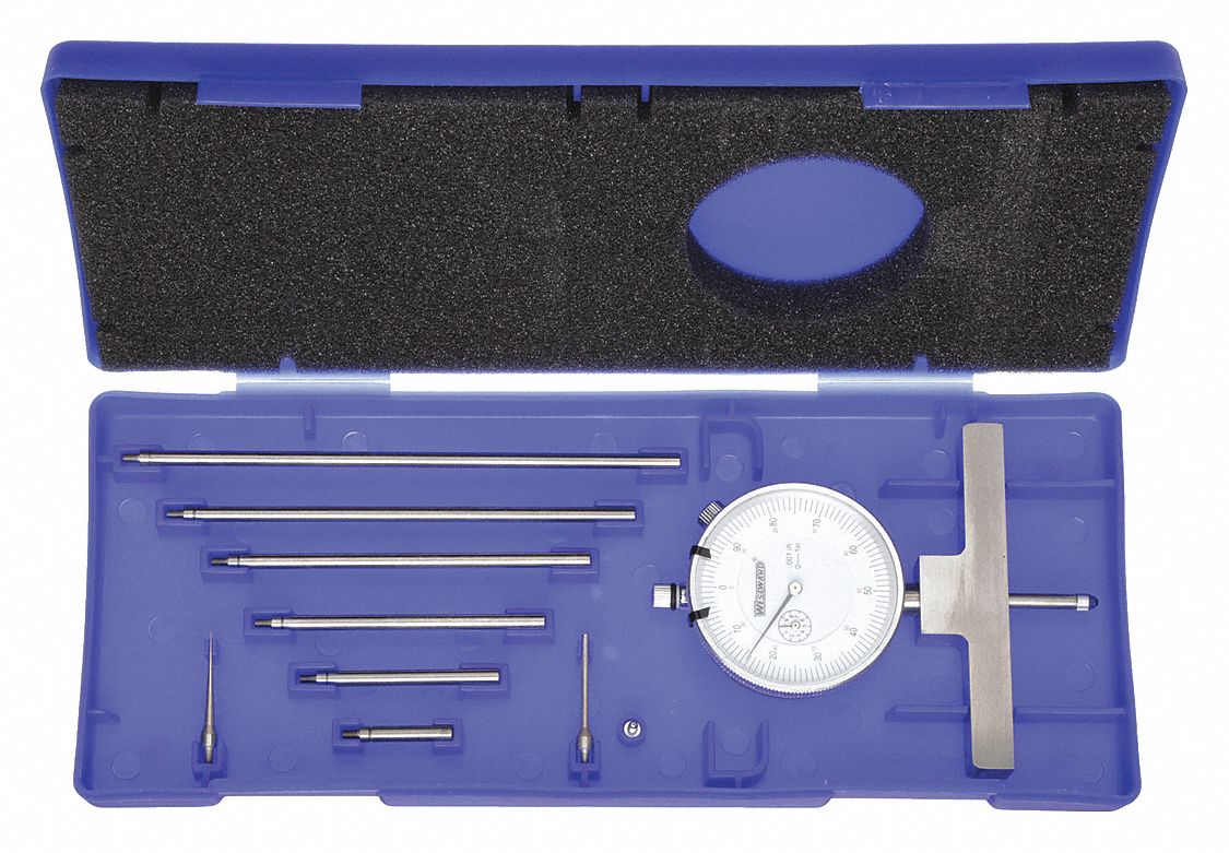 DIAL DEPTH GAUGE, 0 IN TO 22 IN RANGE, +/-01 IN ACCURACY, FULL BASE, 6 MEASURING RODS