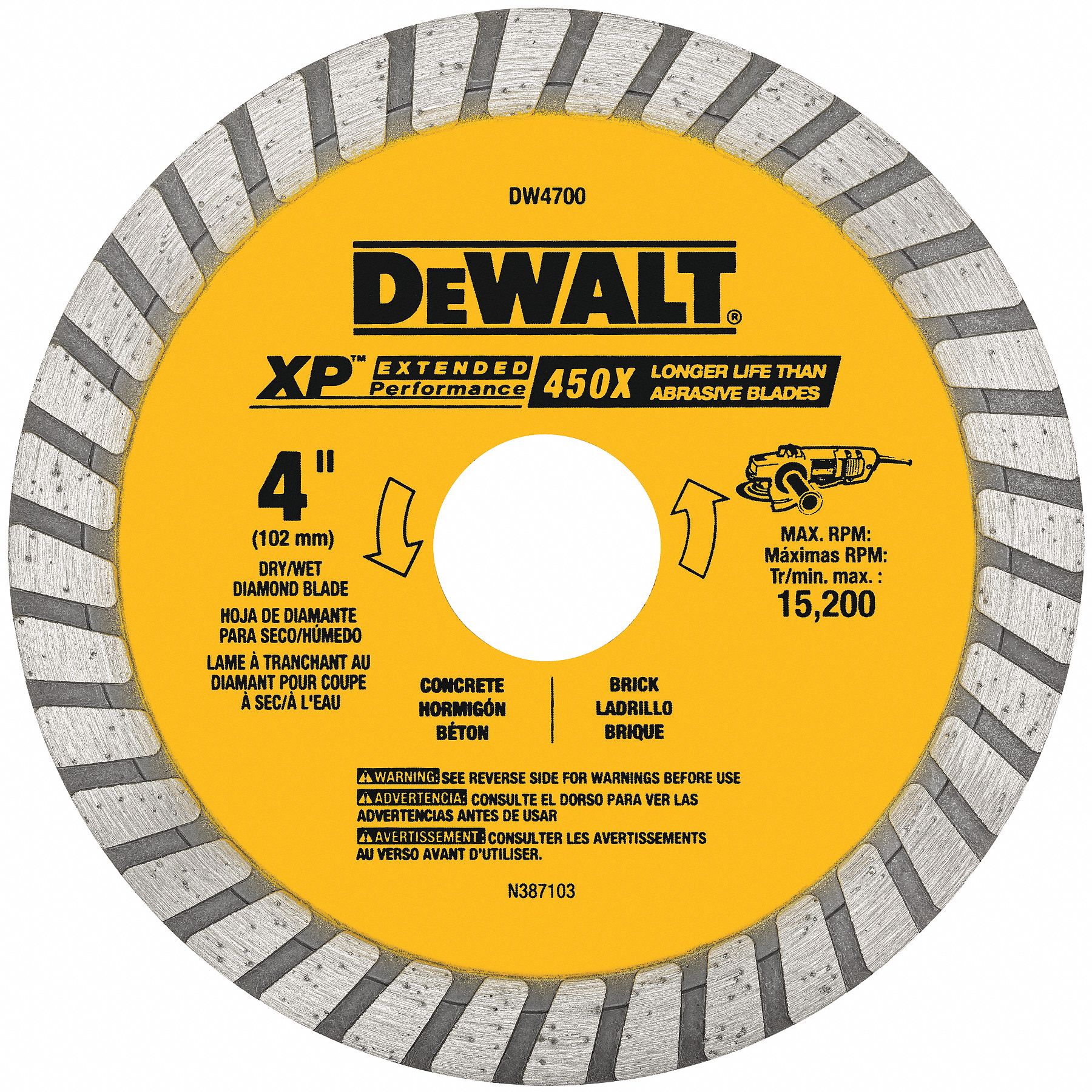 DIAMOND SAW BLADE, TURBO, 4 IN DIA, ⅝ IN ROUND ARBOUR, 15200 RPM, WET/DRY, FOR MASONRY