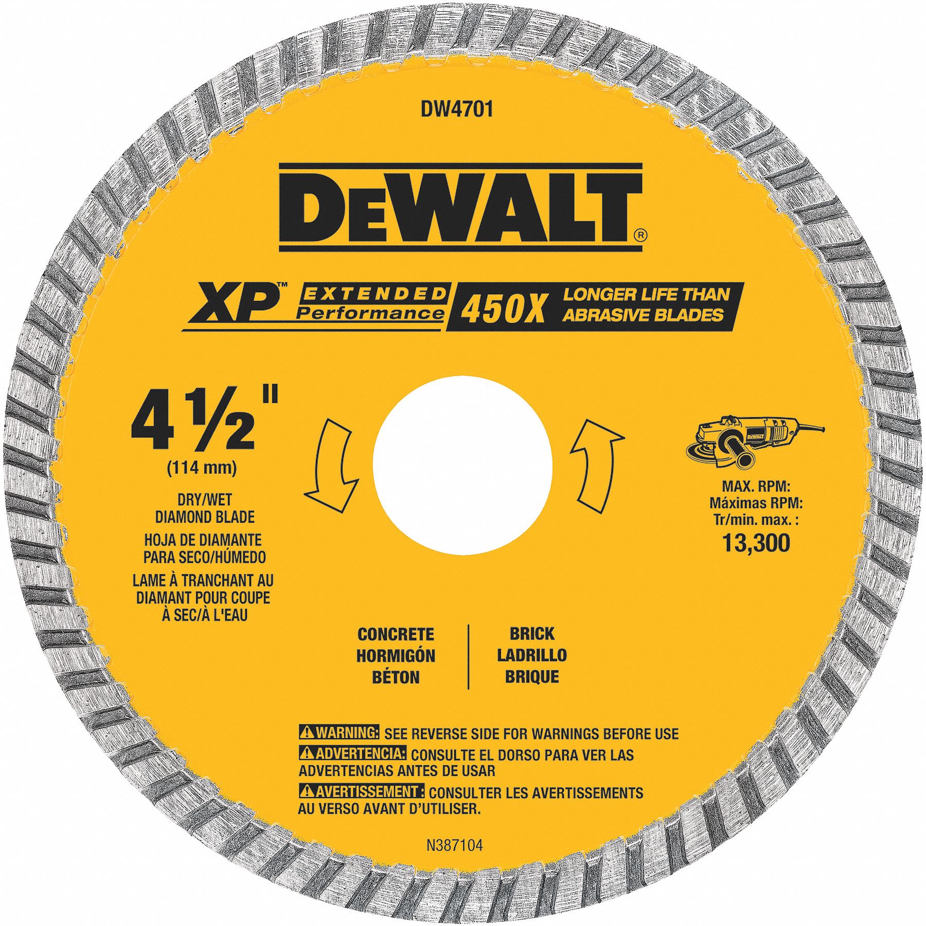 DIAMOND SAW BLADE, TURBO, 4½ IN DIA, ⅞ IN, ROUND, 13300 RPM, WET/DRY, FOR MASONRY