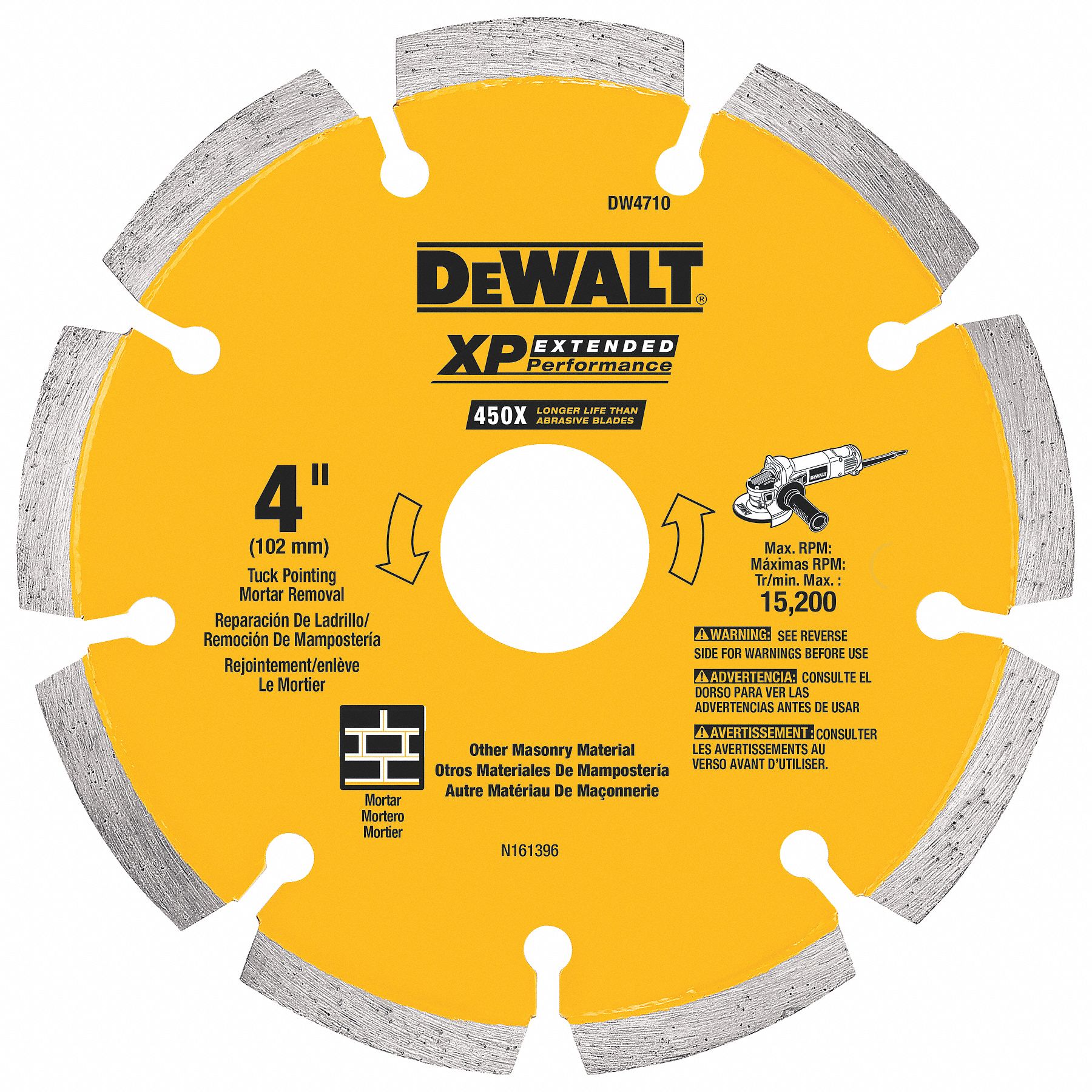 DIAMOND SAW BLADE, SEGMENTED, 4 IN DIA, ⅝ IN, DRY, 15200 RPM, FOR MASONRY