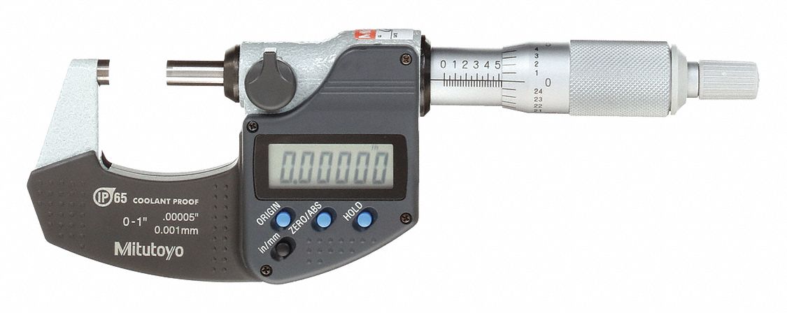 IP65 DIGITAL OUTSIDE MICROMETER, 0 TO 1 IN/0 TO 25.4MM RANGE, IP65, INCH/METRIC, FLAT