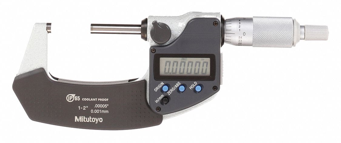 IP65 DIGITAL OUTSIDE MICROMETER, 1 TO 2 IN/25.4 TO 5.8MM RANGE, IP65, INCH/METRIC, LCD