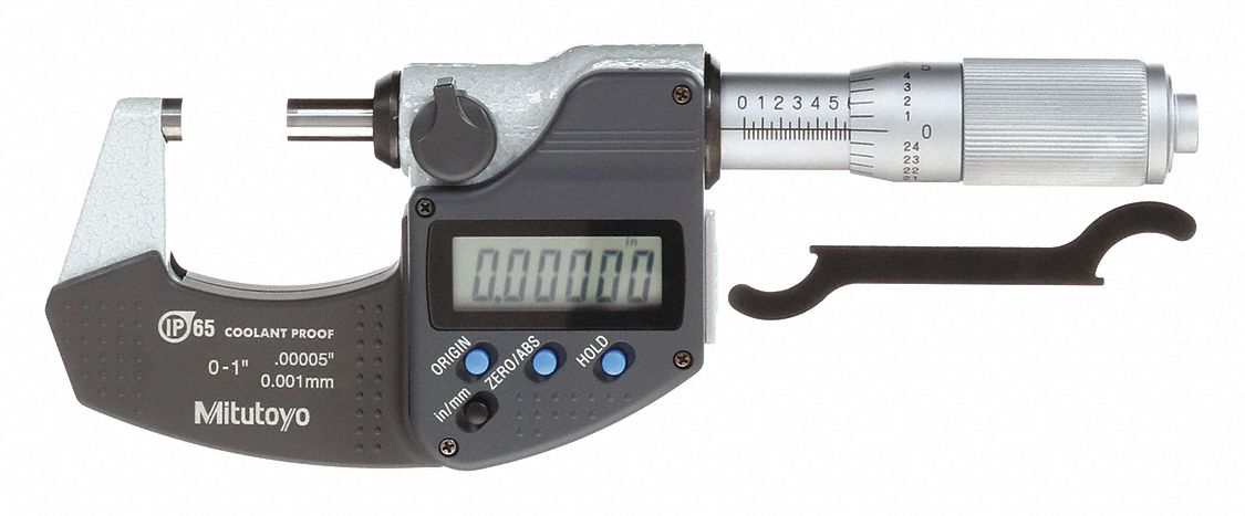 IP65 DIGITAL OUTSIDE MICROMETER, 0 TO 1 IN/0 TO 25.4MM RANGE, IP65, INCH/METRIC, FLAT