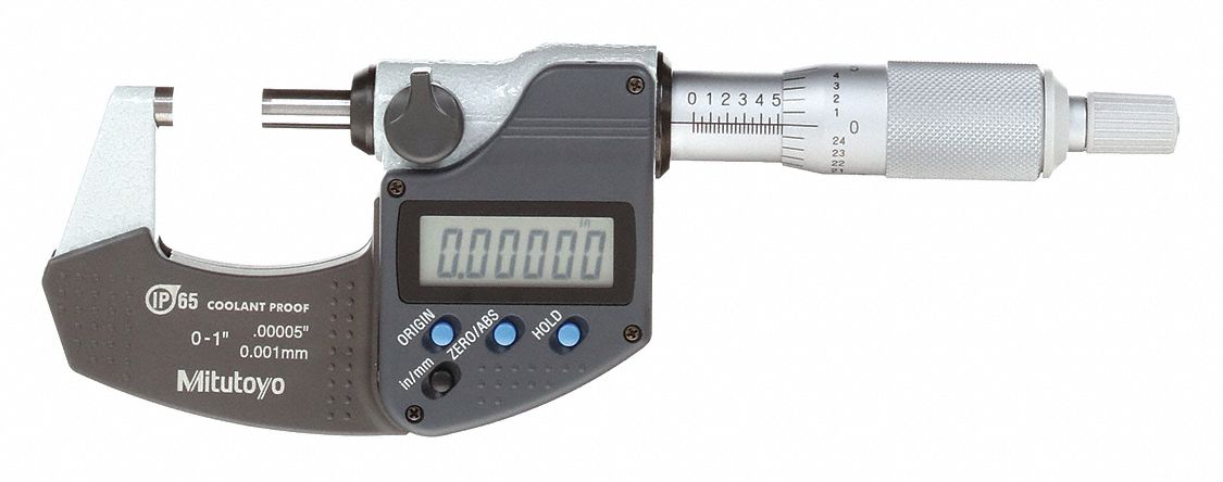 IP65 DIGITAL OUTSIDE MICROMETER, 0 TO 1 IN/0 TO 25.4MM RANGE, IP65, INCH/METRIC, FLAT