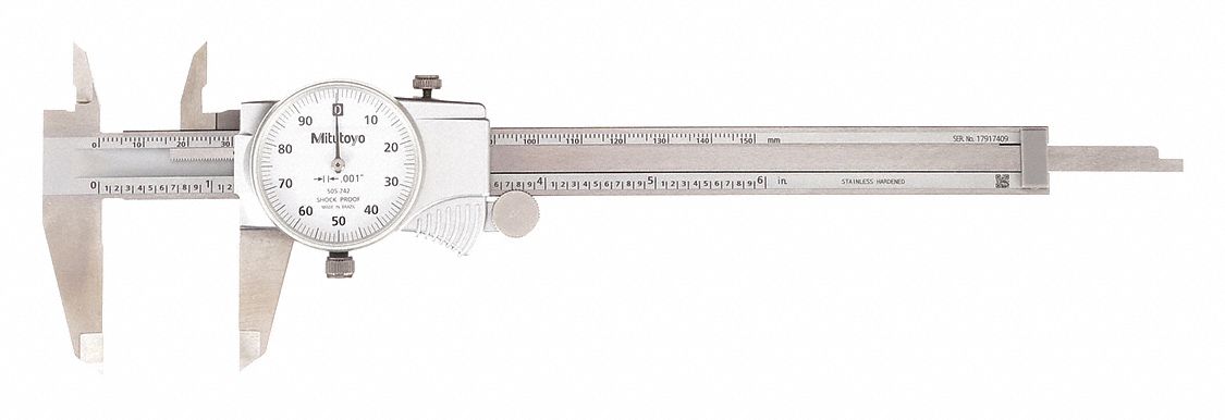 MITUTOYO, 0 in to 6 in Range, +/-0.001 in Accuracy, Dial Caliper ...