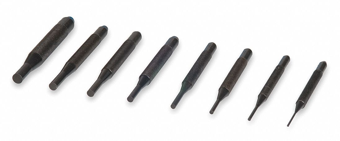DRIVE PIN PUNCH SET, 1/16 IN/5/16 IN TIP DIA, 4 IN OVERALL L, 8 PIECES, STEEL, 1/16 TO 5/16 IN, SAE