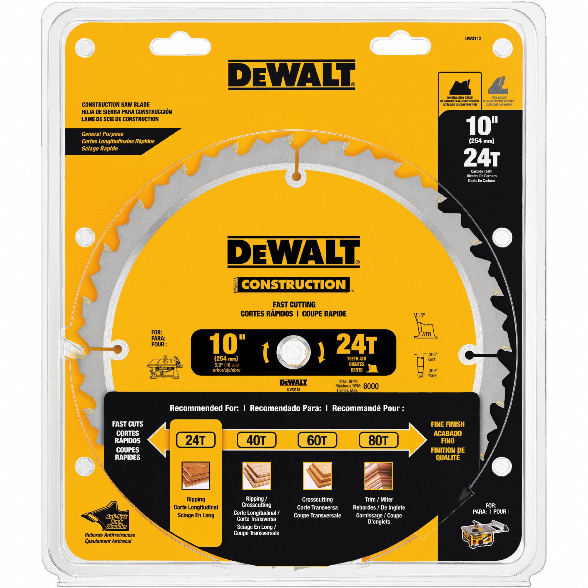 Dewalt Circular Saw Blade 10 In Blade Dia 24 Teeth 0 095 In Cut Wd 5 8 In Arbor Size