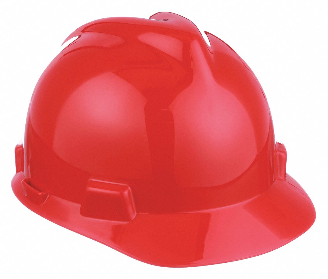 SLOTTED CAP, CSA, TYPE 1, CLASS E, PE, 4-PT FAS-TRAC III RATCHET, FRONT BRIM, RED