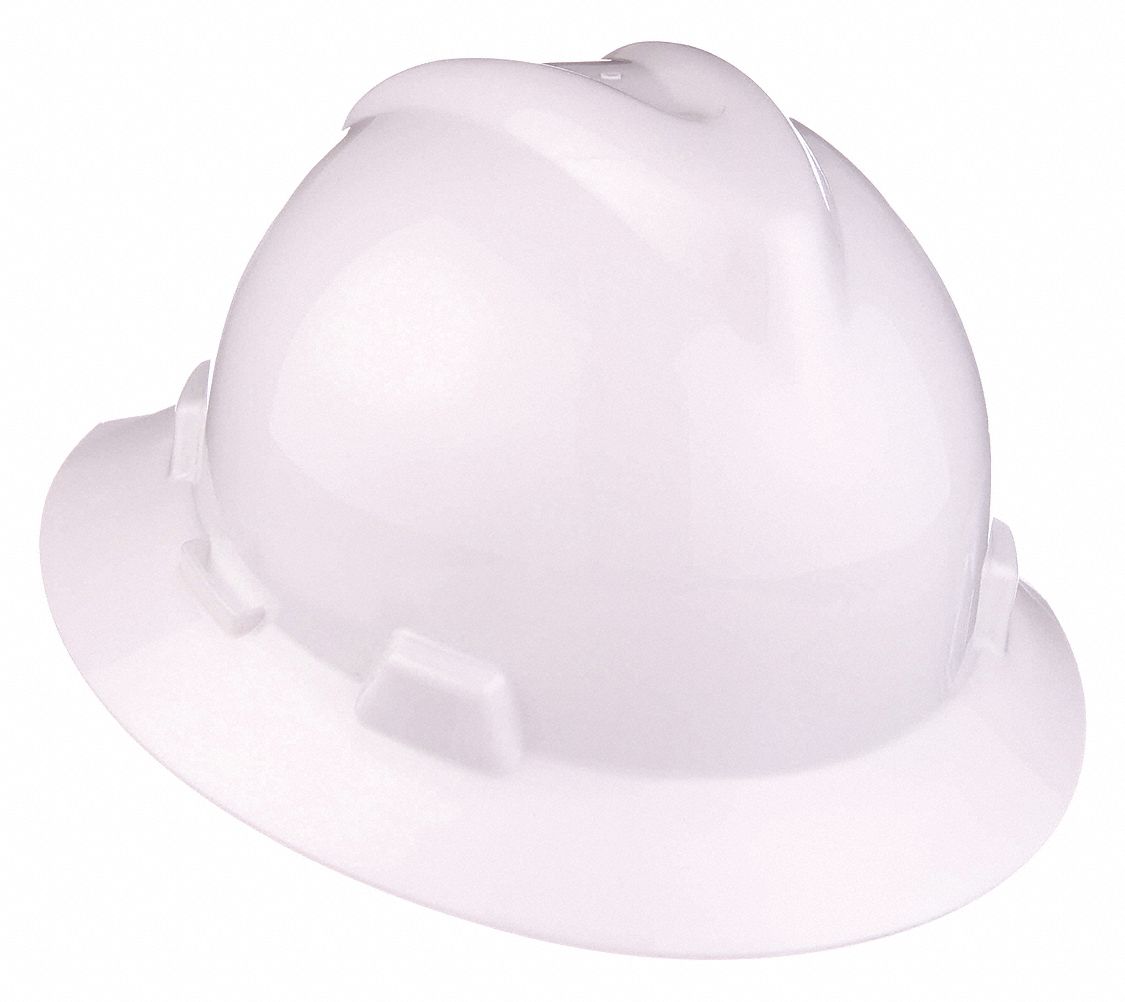 SLOTTED HAT, CSA, TYPE 1, CLASS E, PE, 4-PT FAS-TRAC III RATCHET, FULL BRIM, WHITE