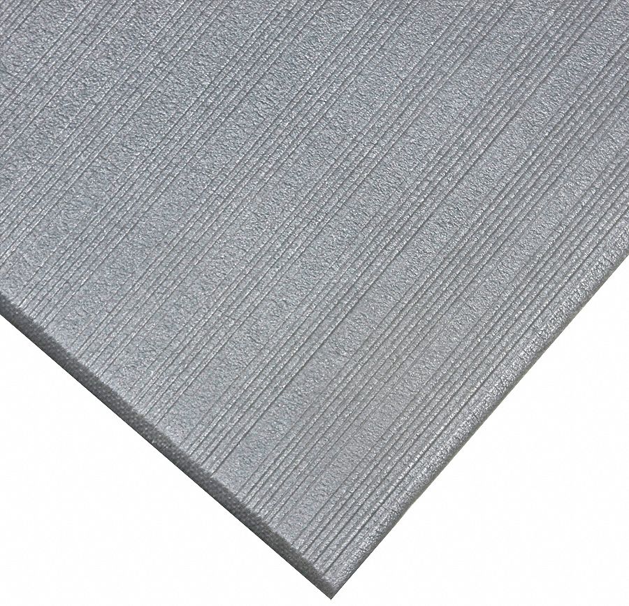 Antifatigue Runner: Ribbed, 3 ft x 60 ft, 3/8 in Thick, Gray, PVC Foam, Beveled Edge