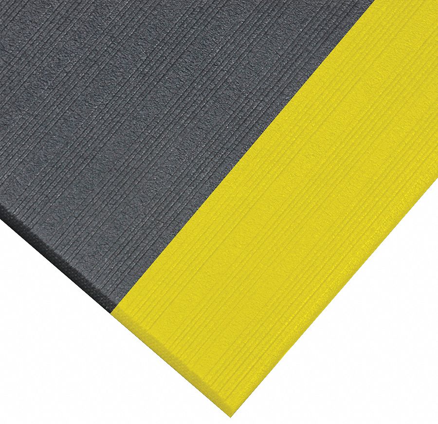 Antifatigue Runner: Ribbed, 3 ft x 30 ft, 5/8 in Thick, Black with Yellow Border, PVC Foam