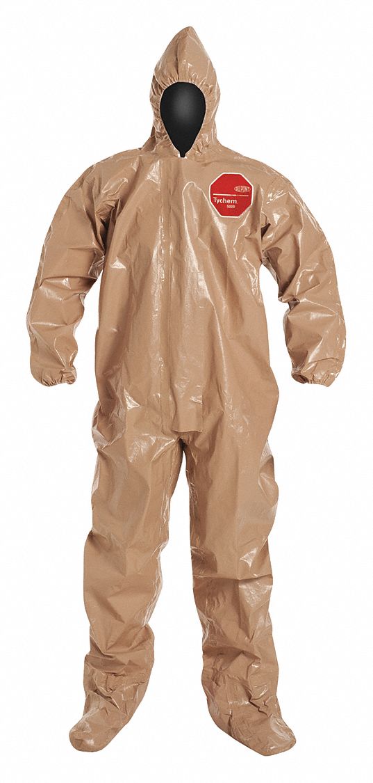HOODED CHEM-RESISTANT COVERALLS, TYCHEM 5000, ELASTIC CUFFS, ATTACHED SOCKS, TAN, L