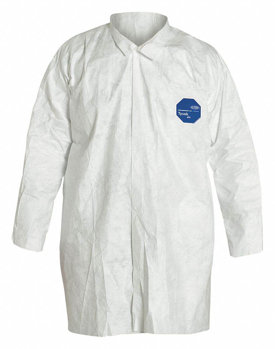 DISPOSABLE LAB COAT, TYVEK 400, PLAIN COLLAR, SNAPS, OPEN CUFF, WHITE, 4XL, 30 PK