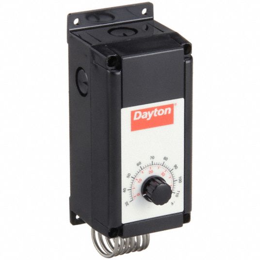 DAYTON Line Volt Mechanical Tstat: Heat or Cool, Plastic, 30° to 110°F, 3°  to 12°F, 120 to 240V AC