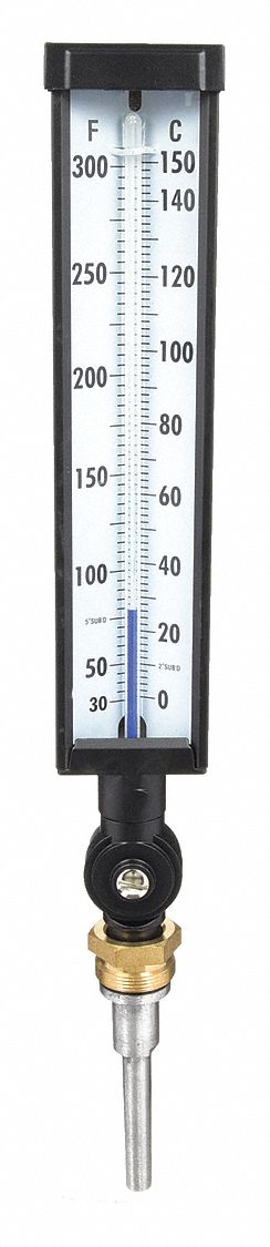 Industrial Glass Thermometer: 30°F to 300°F /0°C to 150°C, +/-1% Accuracy