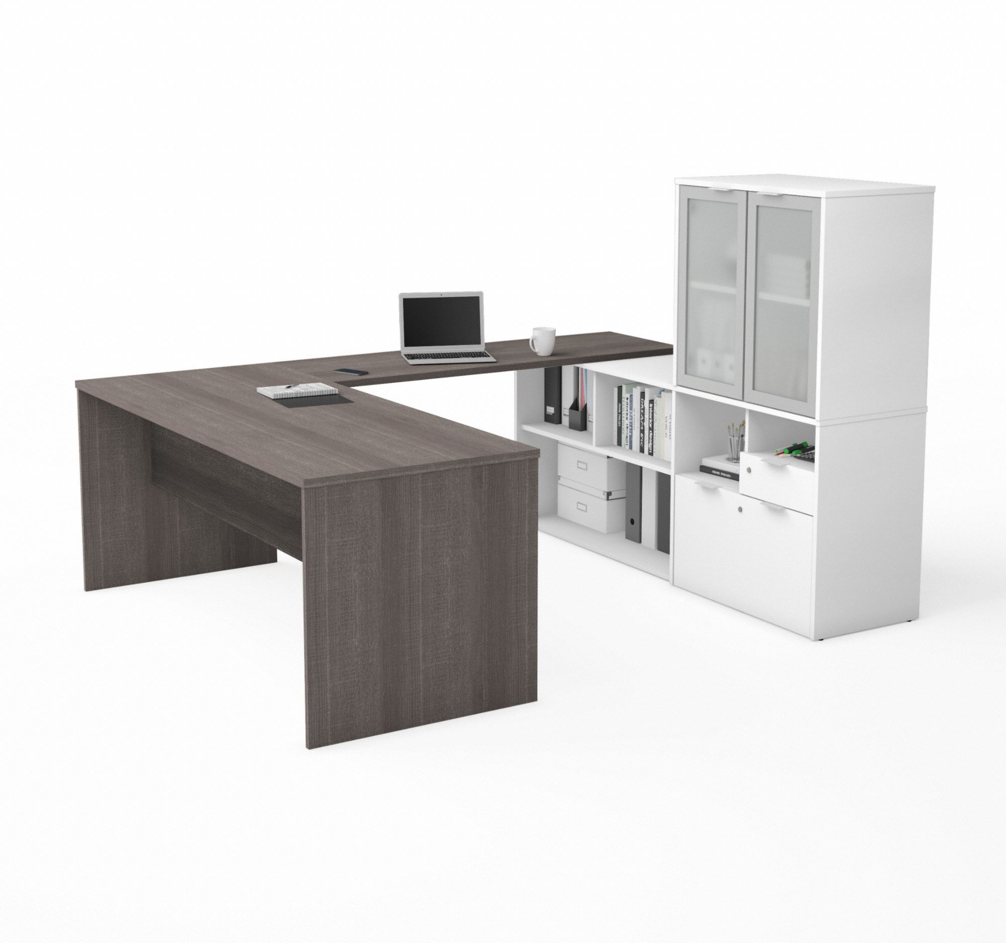 U-Shaped Office Desk: Bark Grey/White, 71 1/8 in Overall Wd, 88 5/8 in Overall Dp