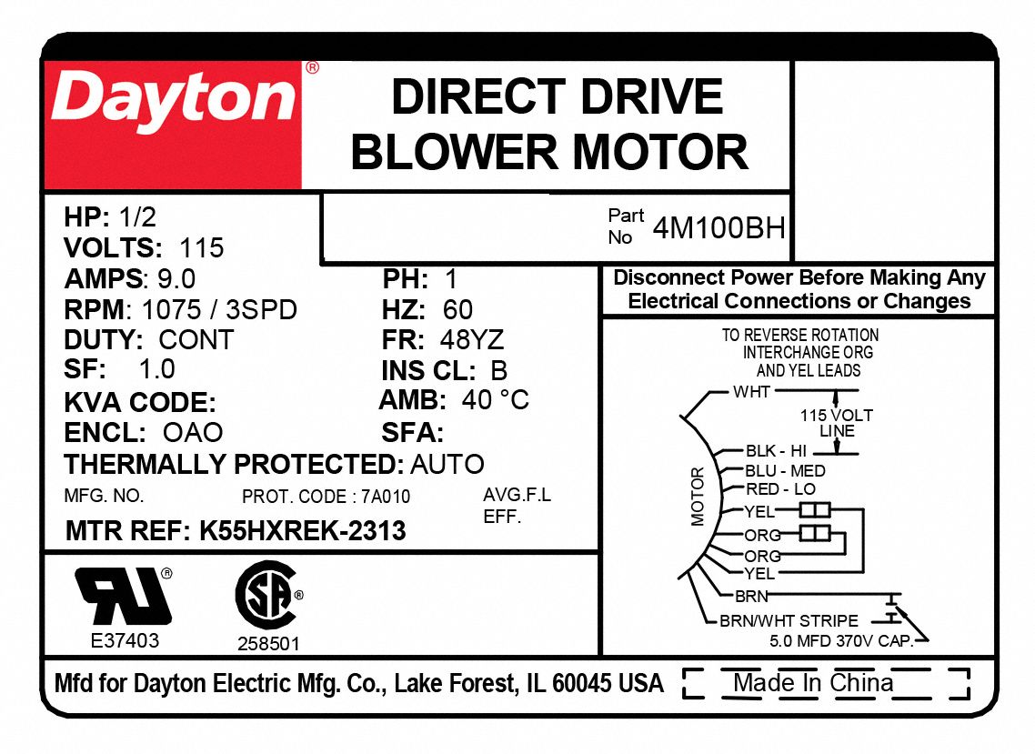 DAYTON Direct Drive Blower Motor: 3 Speed, Open Air-Over, Stud Mount, 1 ...