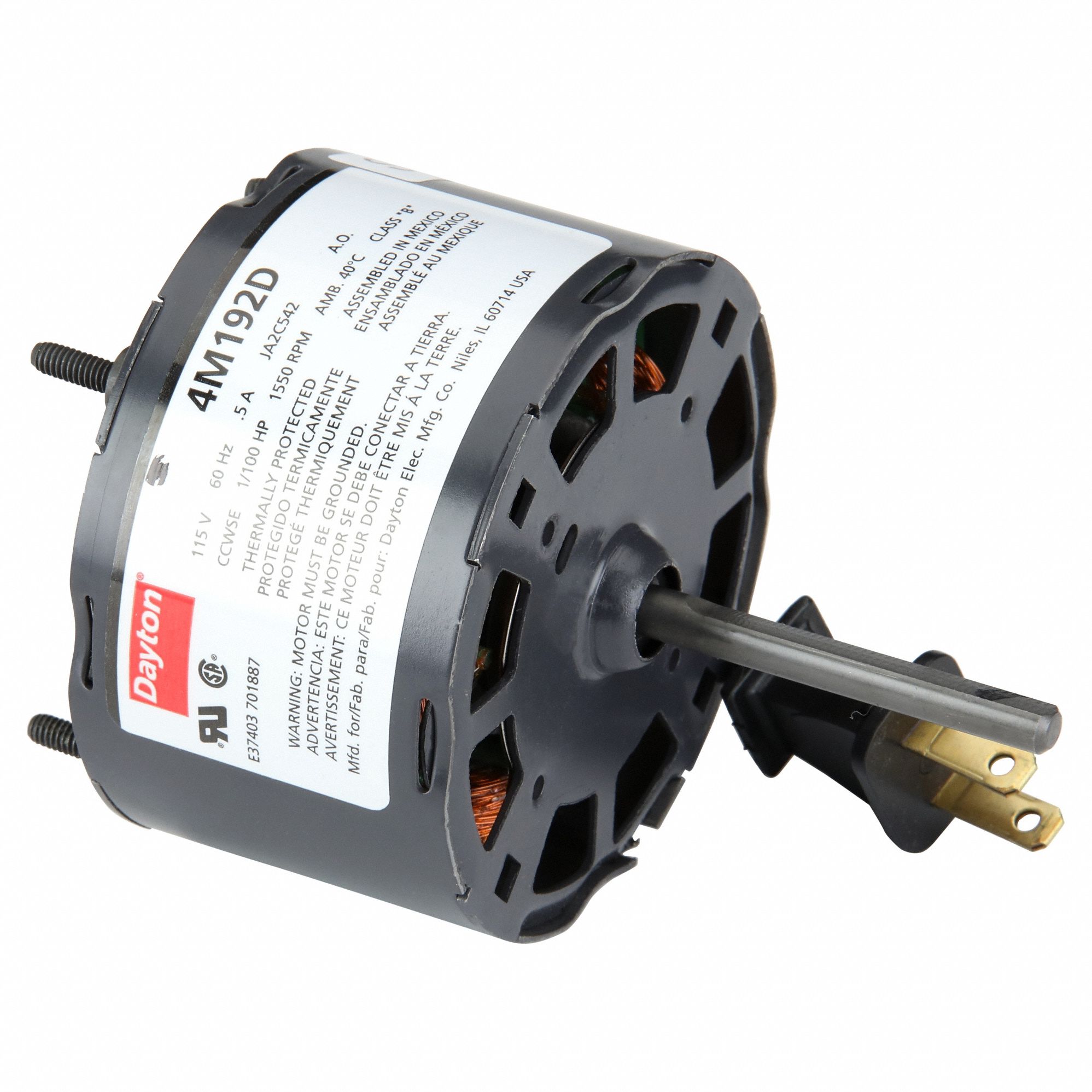 HVAC Motor: Stud, Shaded Pole, Single Phase, 1/100 hp, 1, 550 RPM, 3.3 Frame Size, 115V AC, B