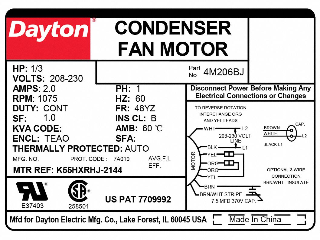 Dayton Condenser Fan Motor 1 3 Hp