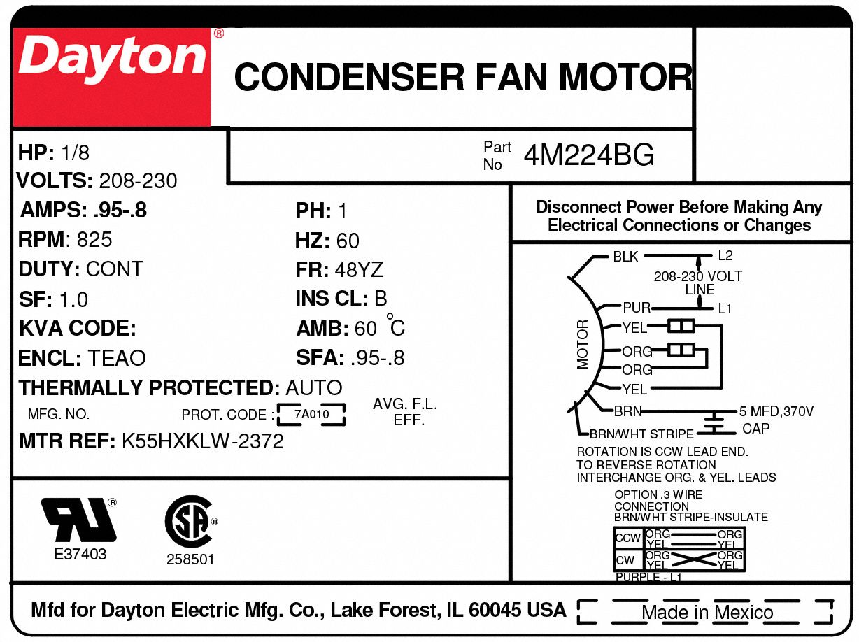 Dayton Condenser Fan Motor 1 8 Hp