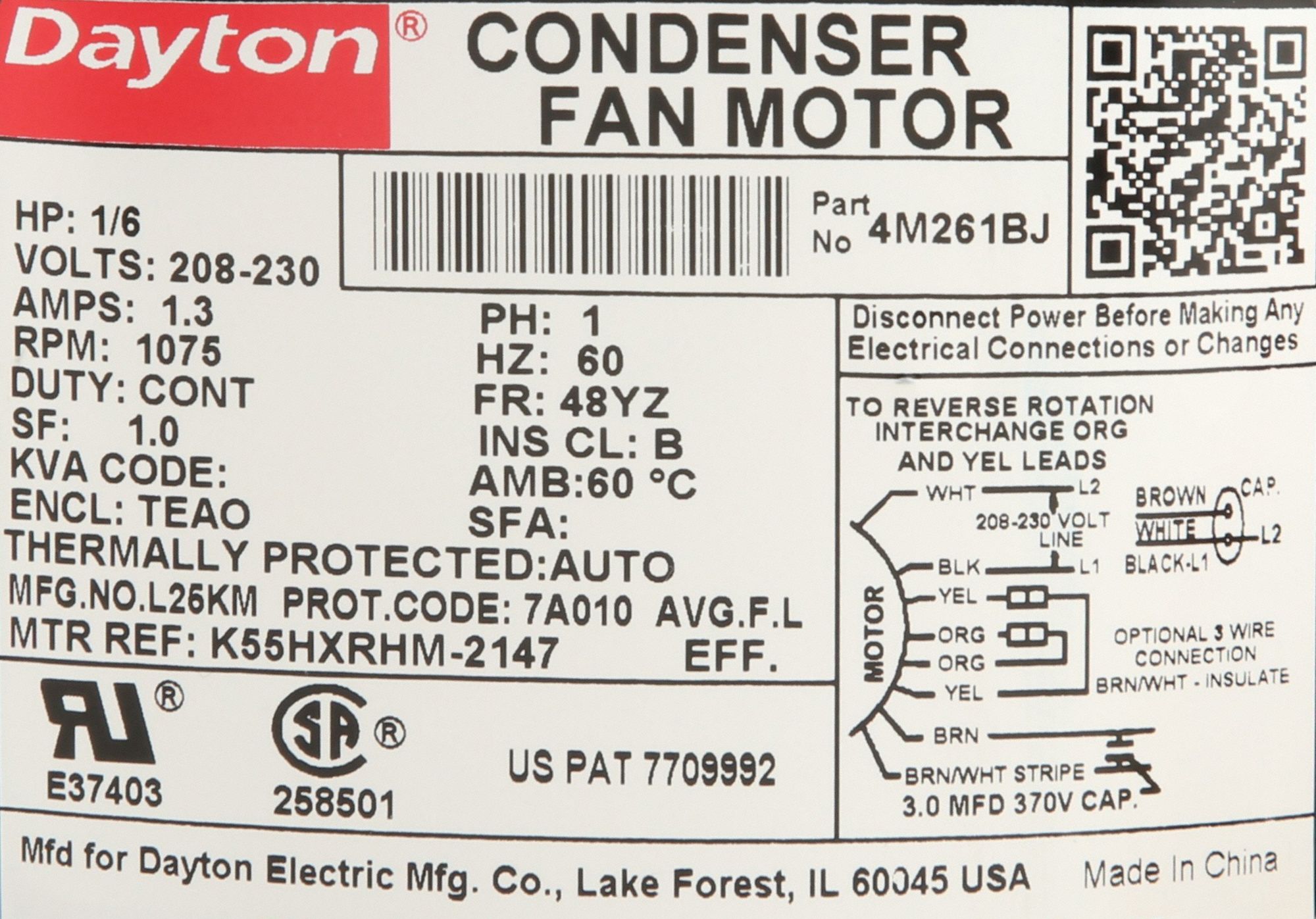 Condenser Fan Motor: Stud Mount, Totally Enclosed Air-Over, 1/6 hp Nameplate Horsepower, Auto