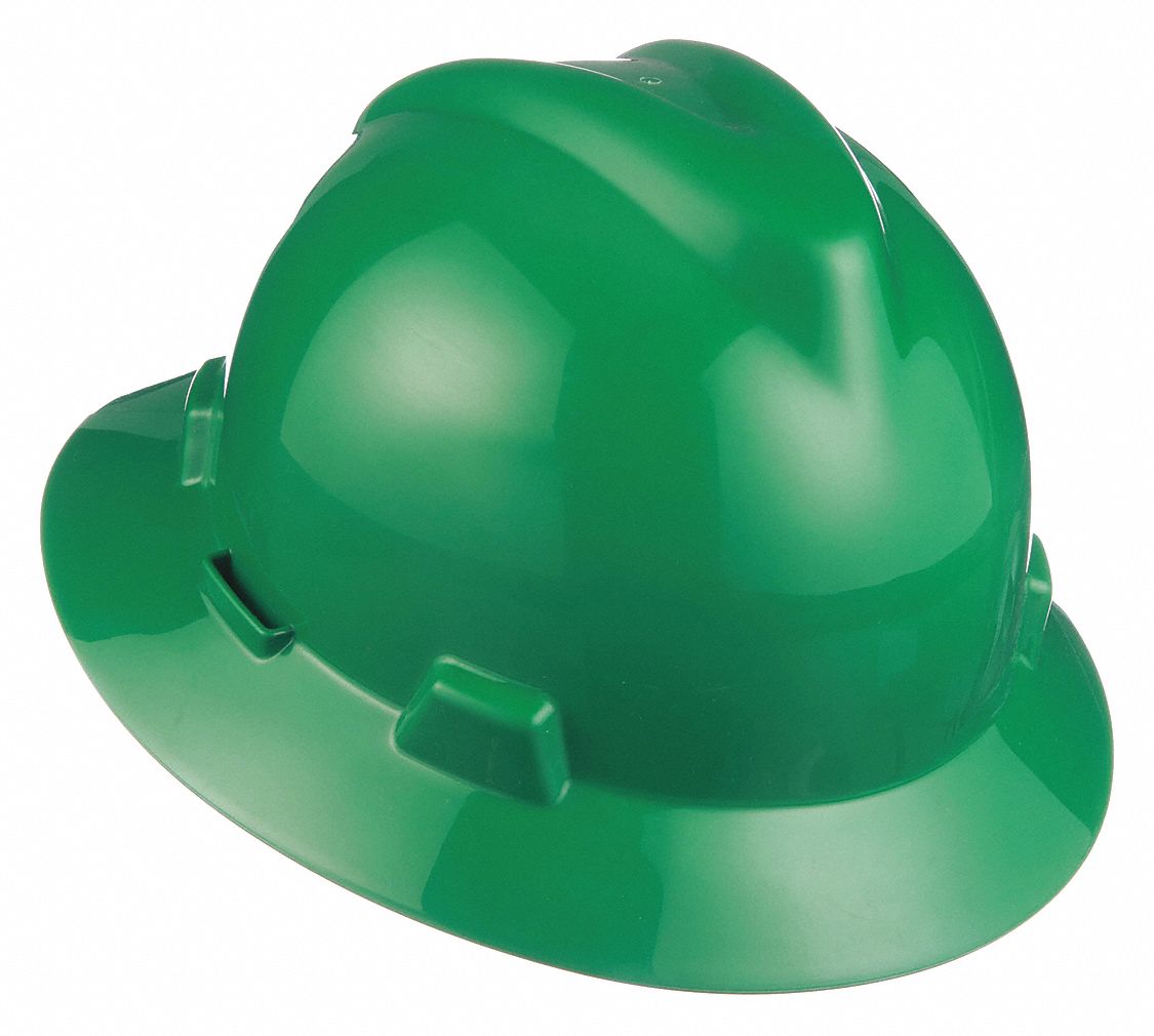 SLOTTED HAT, CSA, TYPE 1, CLASS E, PE, 4-PT FAS-TRAC III RATCHET, FULL BRIM, GREEN