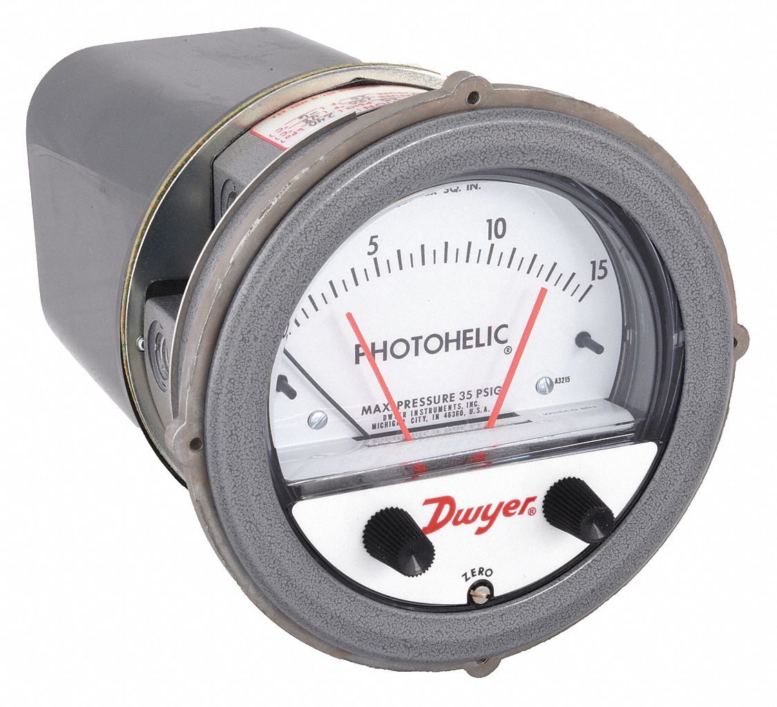 DWYER, 0 to 15 psi, SingleSide, Differential Pressure Gauge & Switch