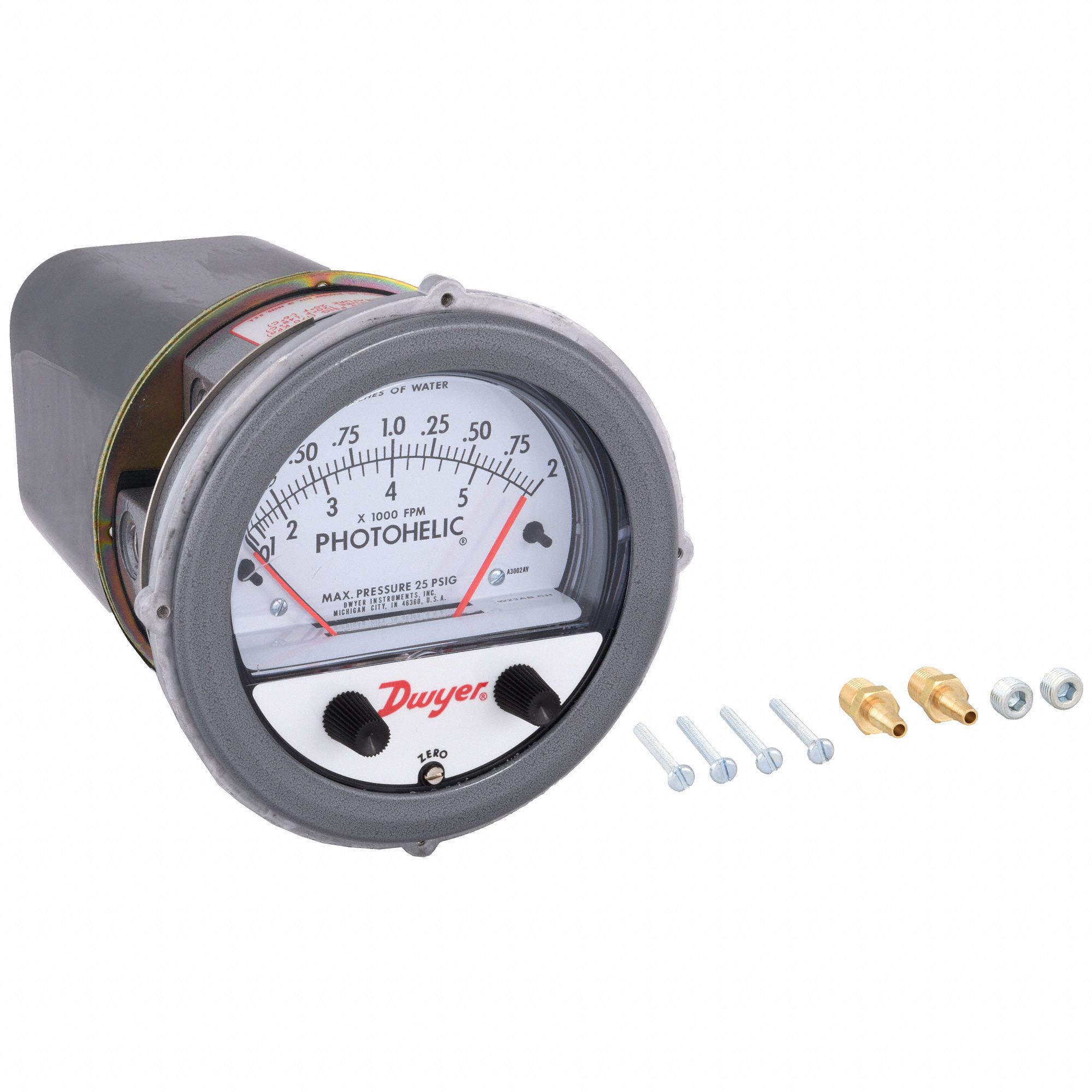 DWYER Differential Pressure Gauge & Switch 0 to 2 in wc, SingleSide