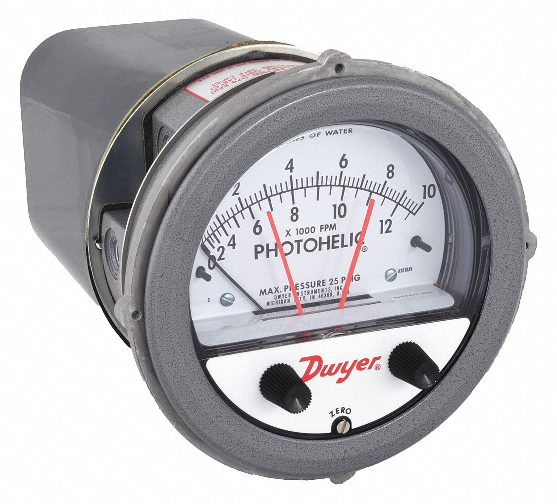 DWYER, 0 to 10 in wc, SingleSide, Differential Pressure Gauge & Switch