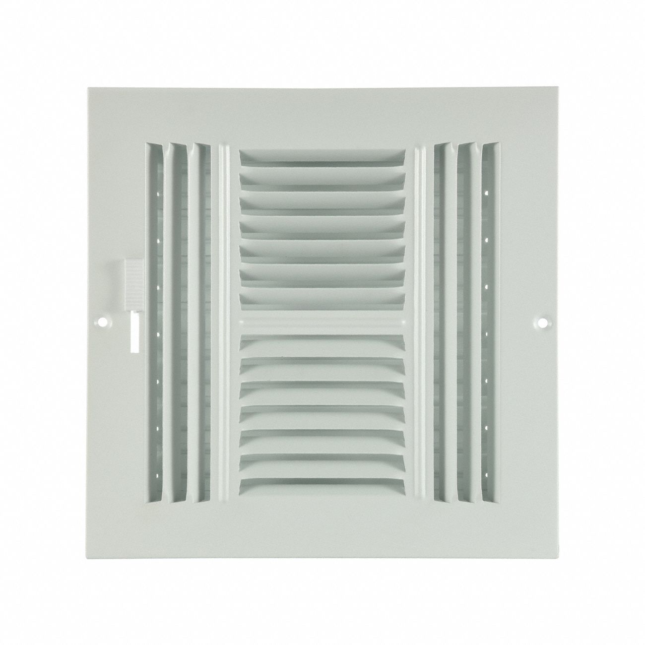 Sidewall/Ceiling Register: Ceiling/Wall, 9 3/4 in H, 9 3/4 in W, Louvered, Powder Coated, White