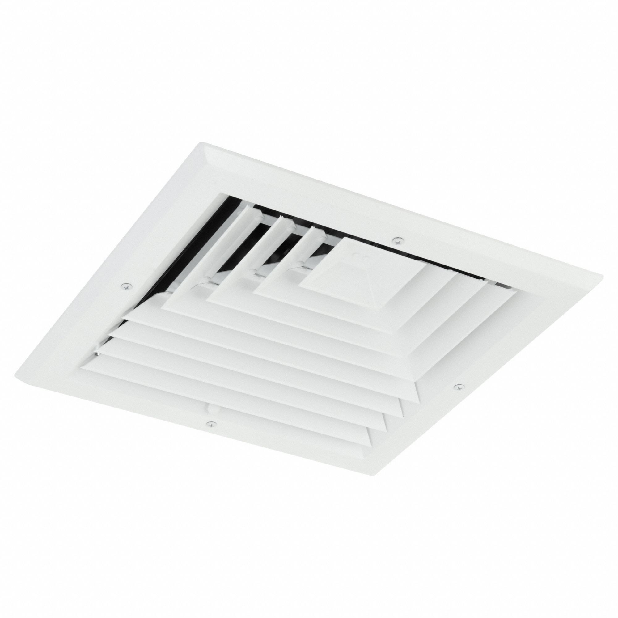 DIFFUSER, CEILING/WALL, 13X13 IN, SURFACE MOUNT, 10 IN DUCT, ALUMINUM, 3-WAY LOUVERED, WHITE